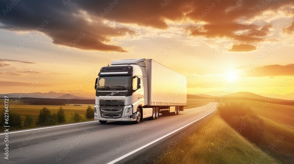 AI generated image of modern large trailer driving down an empty road at sunset. Logistics company. Freight transportation. Fast delivery. AI generated image of modern large trailer driving down an empty road at sunset. Logistics company. Freight transportation. Fast delivery.