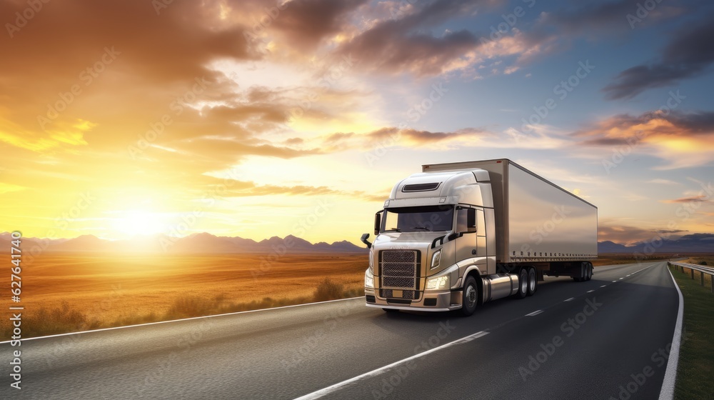 AI generated image of modern large trailer driving down an empty road at sunset. Logistics company. Freight transportation. Fast delivery.