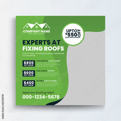 Roofing Social Media Post Roof repair, worker replacing gray tiles or shingles on house with blue sky as background and copy space, Roofing - construction worker