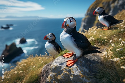 Atlantic Puffins Walking on the Cliff. Generative AI