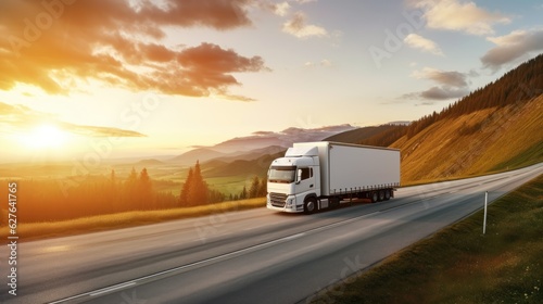 AI generated image of modern large trailer driving down an empty road at sunset. Logistics company. Freight transportation. Fast delivery.