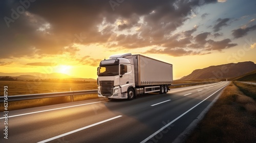 AI generated image of modern large trailer driving down an empty road at sunset. Logistics company. Freight transportation. Fast delivery.