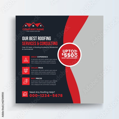 Roofing Social Media Post Roof repair, worker replacing gray tiles or shingles on house with blue sky as background and copy space, Roofing - construction worker