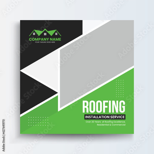 Roofing Social Media Post Roof repair, worker replacing gray tiles or shingles on house with blue sky as background and copy space, Roofing - construction worker