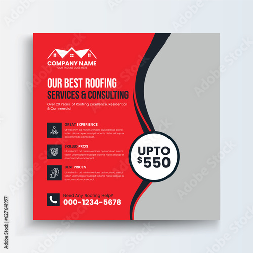 Roofing Social Media Post Roof repair, worker replacing gray tiles or shingles on house with blue sky as background and copy space, Roofing - construction worker