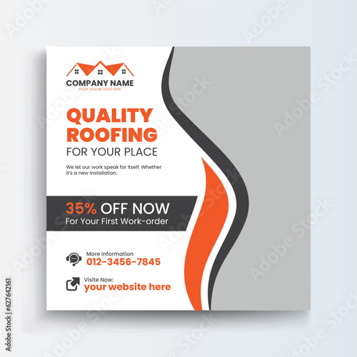 Roofing Social Media Post Roof repair, worker replacing gray tiles or shingles on house with blue sky as background and copy space, Roofing - construction worker