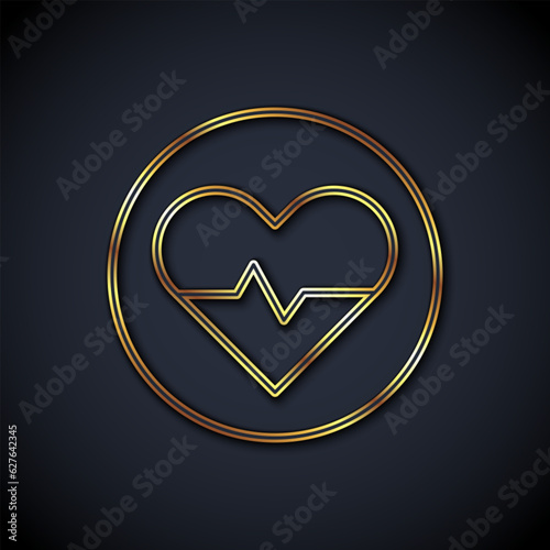 Gold line Heart rate icon isolated on black background. Heartbeat sign. Heart pulse icon. Cardiogram icon. Vector
