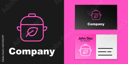 Pink line Vegan food diet icon isolated on black background. Organic, bio, eco symbol. Vegan, no meat, lactose free, healthy, fresh and nonviolent food. Logo design template element. Vector