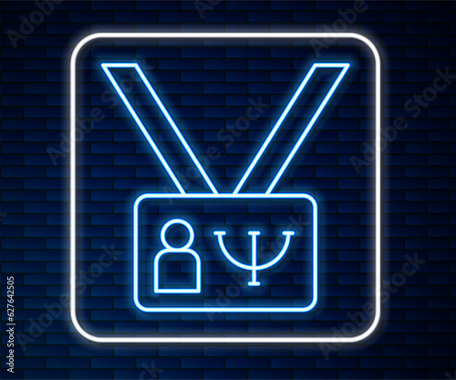 Glowing neon line Psychology icon isolated on brick wall background. Psi symbol. Mental health concept, psychoanalysis analysis and psychotherapy. Vector