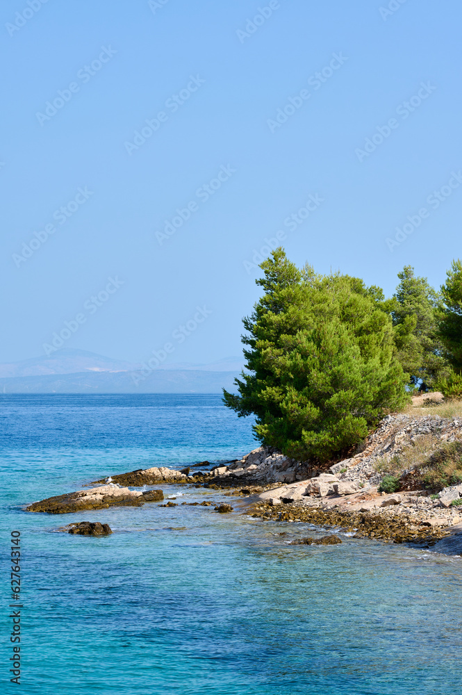 Adriatic Sea coastline with harsh rocks and green trees with blue sea and sky
