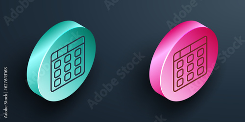 Isometric line Drum machine music producer equipment icon isolated on black background. Turquoise and pink circle button. Vector