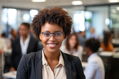 Successful American African business woman looking confident and smiling. Generative AI