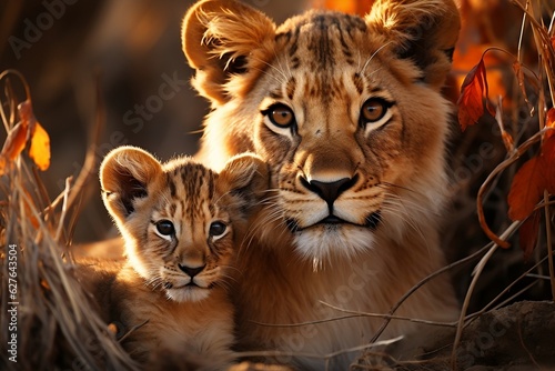 Adorable Lion Cub with Mother. Generative AI