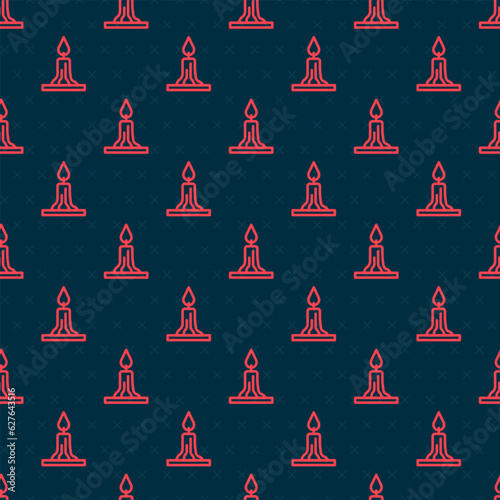 Red line Burning candle in candlestick icon isolated seamless pattern on black background. Cylindrical candle stick with burning flame. Vector