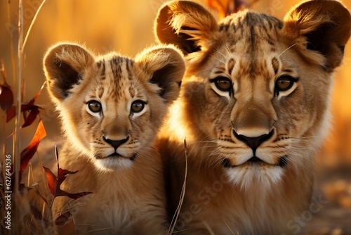 Adorable Lion Cub with Mother. Generative AI