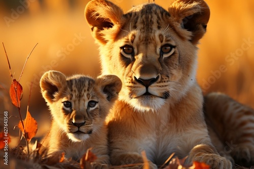 Adorable Lion Cub with Mother. Generative AI © Haider
