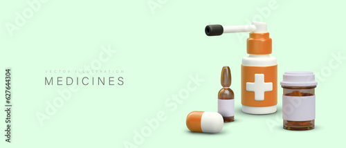 Realistic 3d collection of capsule, spray for throat, jar with drug and medicine ampule. Medicines for treatment of colds. Vector illustration with green background