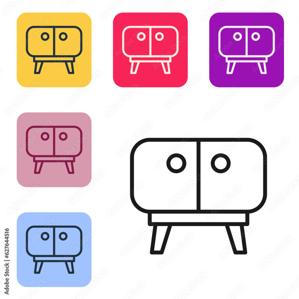 Black line TV table stand icon isolated on white background. Set icons in color square buttons. Vector Black line TV table stand icon isolated on white background. Set icons in color square buttons. Vector