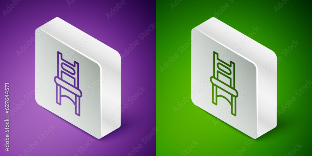 Isometric line Chair icon isolated on purple and green background. Silver square button. Vector Isometric line Chair icon isolated on purple and green background. Silver square button. Vector