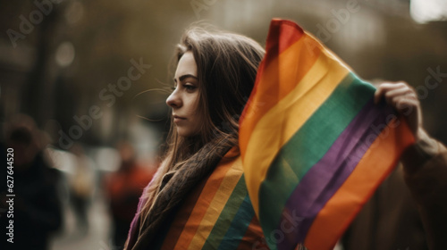 Für Vielfalt und Gleichberechtigung: Eine Frau mit Regenbogenflaggen im Zentrum einer lebendigen Demonstration © Andre
