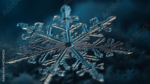 A close-up of a snowflake with intricate details and a blue background