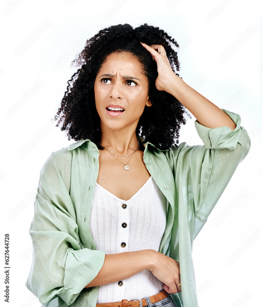 Confused, thinking and woman in studio with why, wtf and anxiety, annoyed or reaction on white