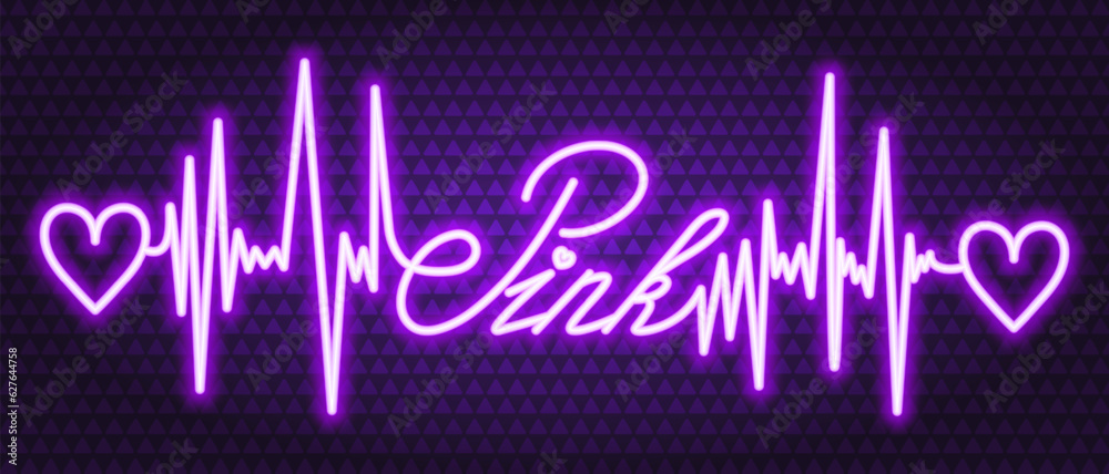 Pink. Purple neon. The text is embellished with pulses and hearts. Color vector illustration. Isolated background of purple triangles. Broken zigzag line and romantic lettering in italics. 