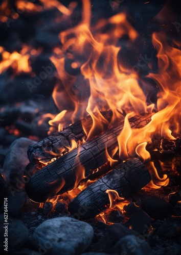Burning coal creates glowing fire, detailed green natural energy. Generative Ai.