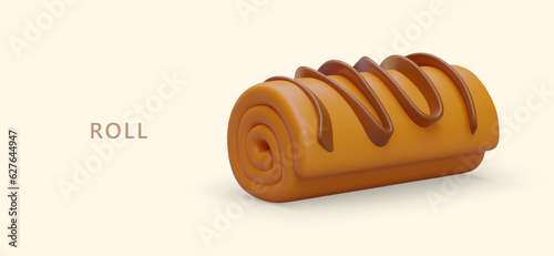 Realistic swiss roll with chocolate decoration. Sweet roll with cream filling. Classic pastry soaked in syrup. Concept for cafe, confectionery, sweet shop