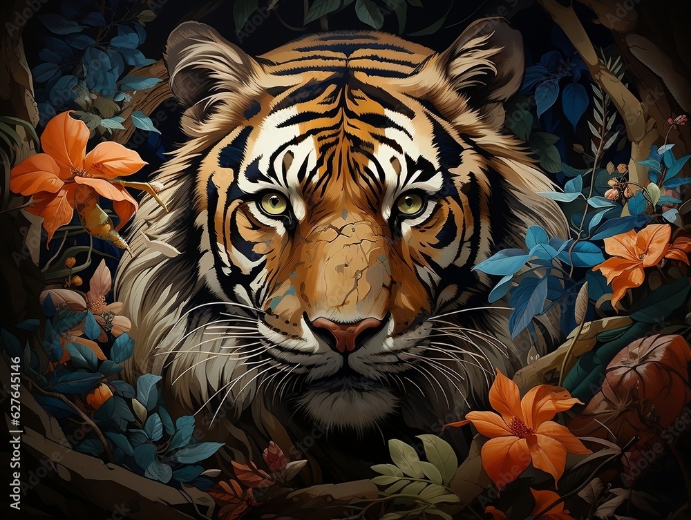 Tiger hidden among the trees in the jungle generative ai