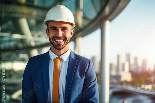 smiling male worker in a hardhat standing at a construction site