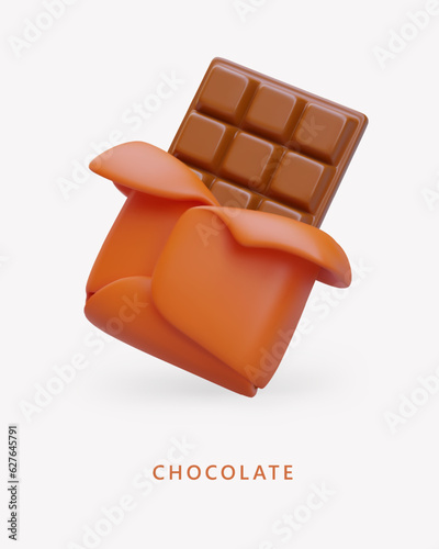 Realistic chocolate bar, half unfolded. Vertical vector poster, 3D illustration, place for text. Concept for sweet shops, fairs, cafes. Sweets from cocoa beans