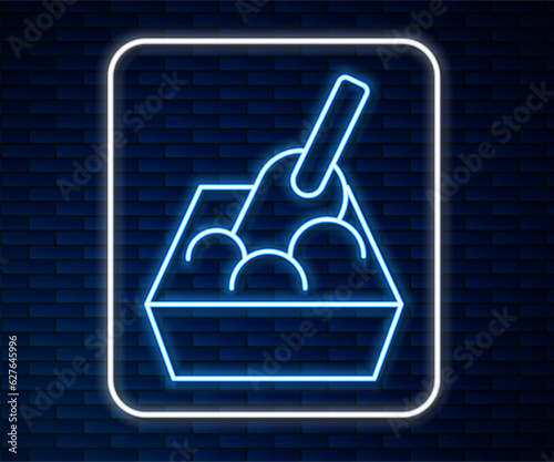 Glowing neon line Cat litter tray with shovel icon isolated on brick wall background. Sandbox cat with shovel. Vector