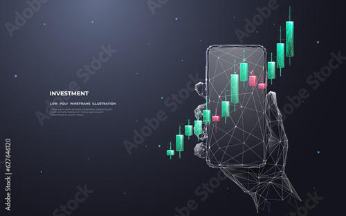 Digital stock market graph chart in a smartphone. Abstract hand holding a phone with investment candlestick on screen. Mobile trading app concept on dark gray background. Vector illustration