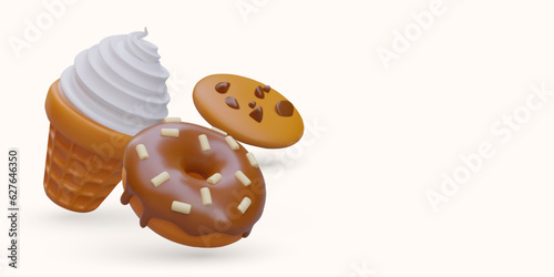 Realistic sweet snacks, street fast food. Soft ice cream, chocolate chip cookies, glazed donut. Vector template for confectionery, cafe, stall. Popular desserts