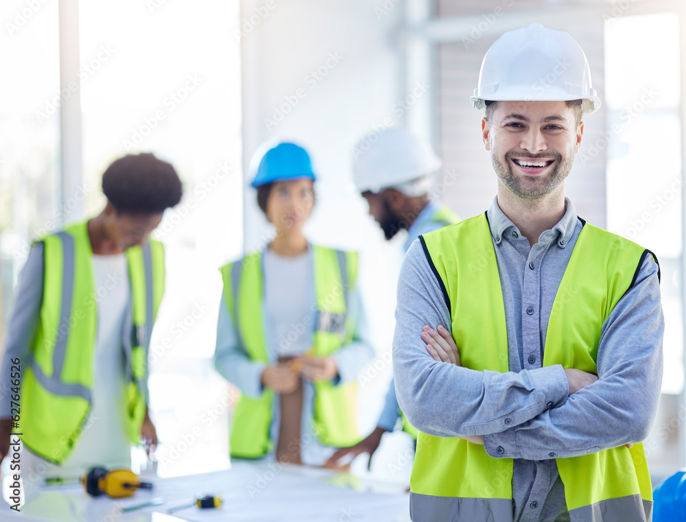 Construction worker, man portrait and arms crossed of engineer, builder or contractor. Industrial, handyman gear and male person with confidence and proud from engineering and architecture project