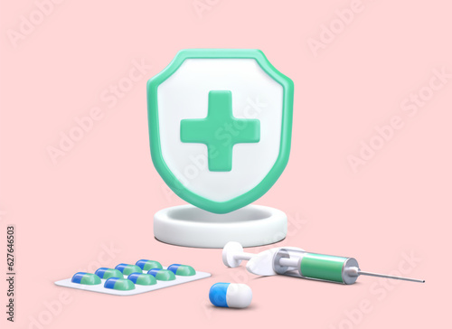 3d realistic medical symbol with green cross, blister with pills and syringe. Healthy lifestyle concept. Vector illustration with place for text and pink background
