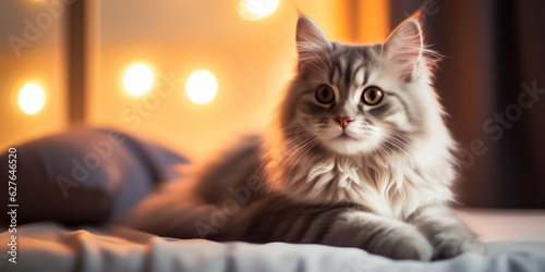 A cute gray fluffy young cat lies on a soft plaid near the window and looks attentively. Festive lights in the background