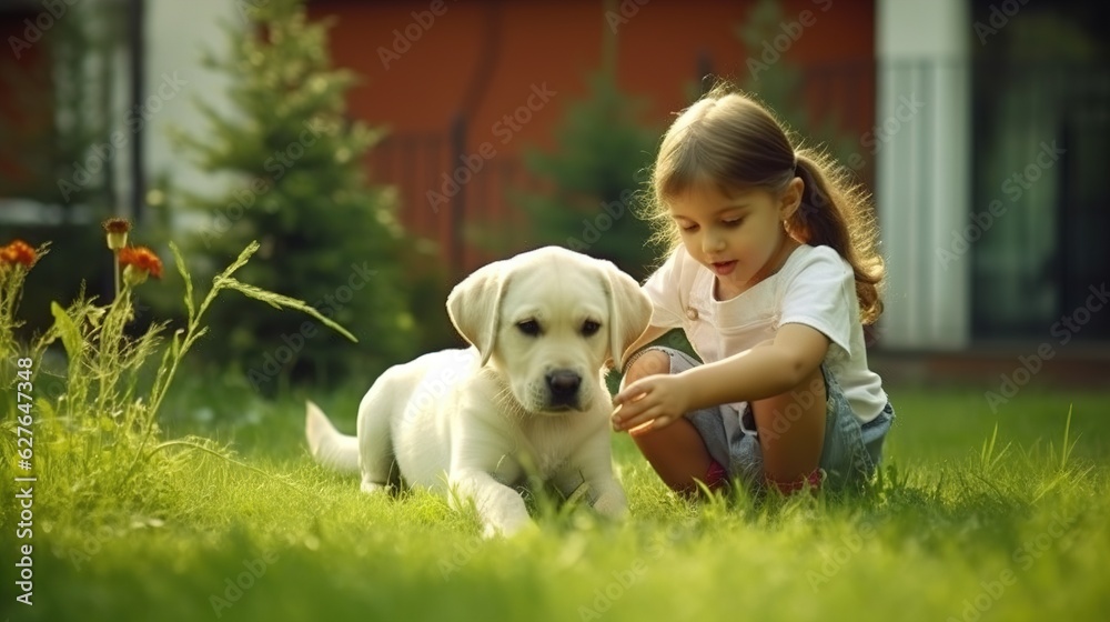 Attractive young woman with labrador outdoors. Woman on a green grass with dog labrador retriever. Generative AI Attractive young woman with labrador outdoors. Woman on a green grass with dog labrador retriever. Generative AI