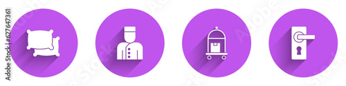 Set Pillow, Concierge, Suitcase and Door handle icon with long shadow. Vector