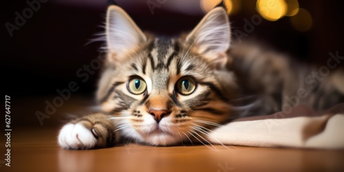 A cute young fluffy tabby cat lies in a room on a wooden floor. Nice attentive look