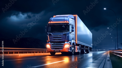Modern wagon truck transports cargo on motorway at night. Logistics and delivery.