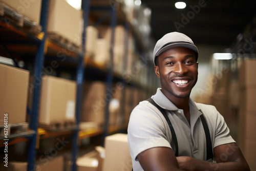 Joyful Black Employee Handling Boxes in Warehouse