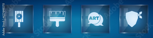 Set Spray can nozzle cap, Paint brush, Speech bubble with text art and Vandal. Square glass panels. Vector