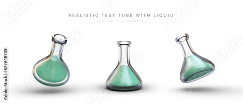 3D laboratory conical flask with liquid. Test tube with flat bottom. Beaker in different positions. Erlenmeyer flask. Set of isolated vector images. Icons for chemists, physicists, laboratories