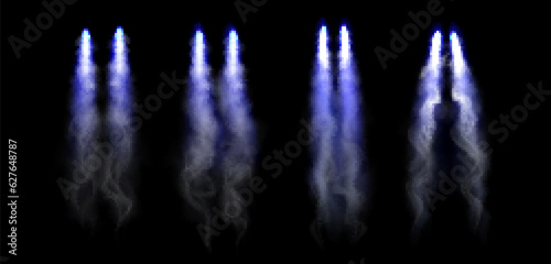 Blue fire jet launch smoke trail vector effect. 3d rocket speed cloud texture with flame isolated. Spaceship realistic takeoff firework with steam line set. Airplane boost condensation in sky pack