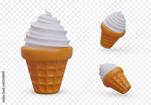 Realistic waffle cup with white ice cream. Classic summer sweets. Vanilla soft serve cold cream. Vector image straight, at angle. Set of color illustrations