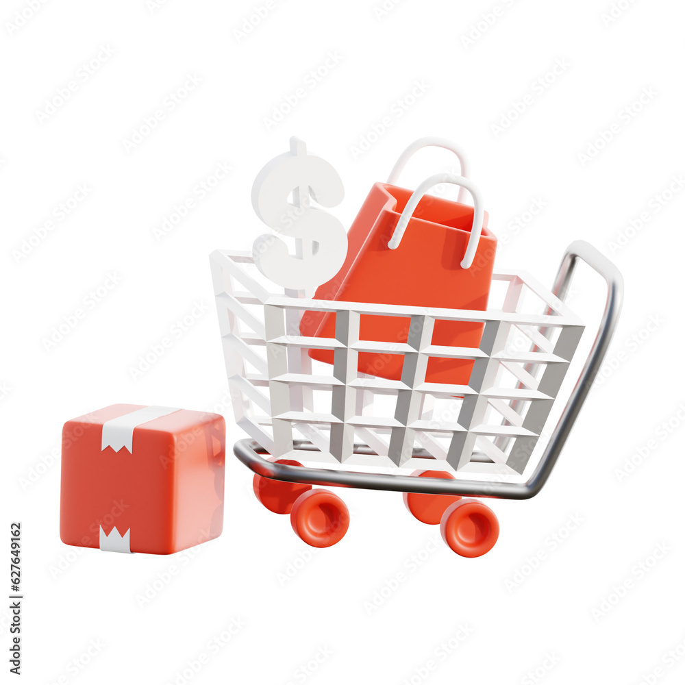red and white online shop or e-commerce illustration 3D render with Icon and elements for your online shop business