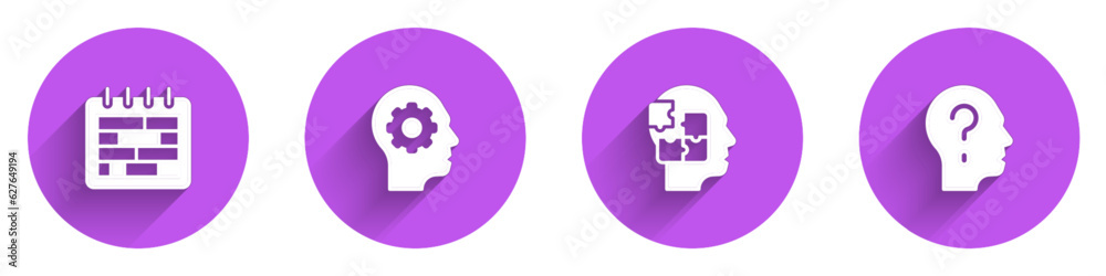 Set Calendar, Human head with gear inside, Head puzzles strategy and question mark icon with long shadow. Vector Set Calendar, Human head with gear inside, Head puzzles strategy and question mark icon with long shadow. Vector