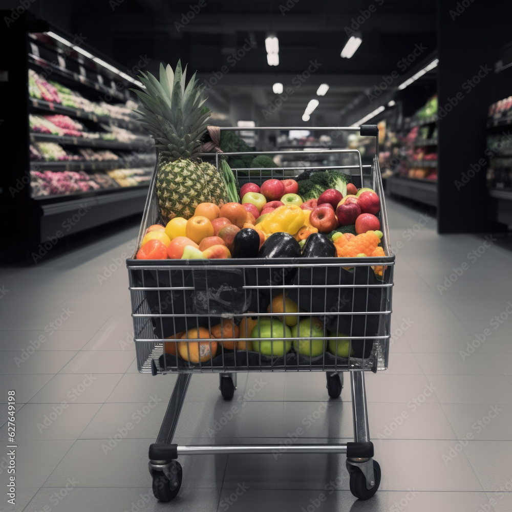 Urban Grocery Shopping with Abundant Fruits and Veggies